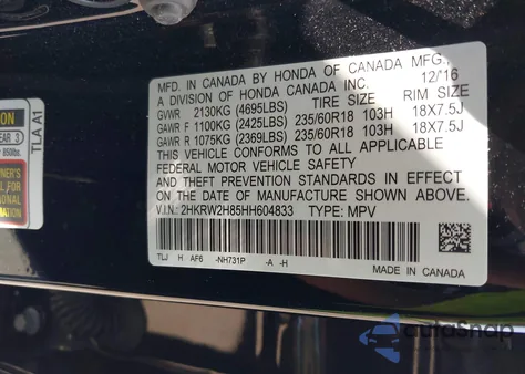 2017 Honda Cr-V Ex-L/Ex-L Navi z USA, uszkodzony, nr VIN 2HKRW2H85HH604833